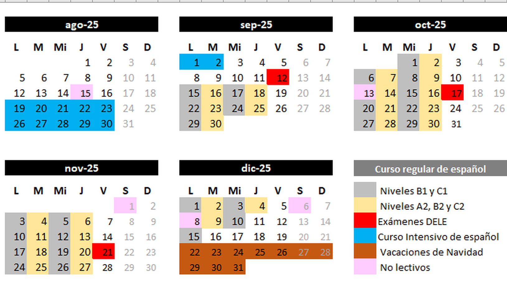 Calendario curso de español regular otoño 2025