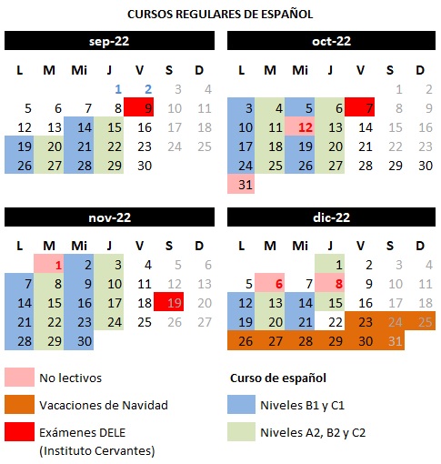 Calendario curso regular de español otoño 2022