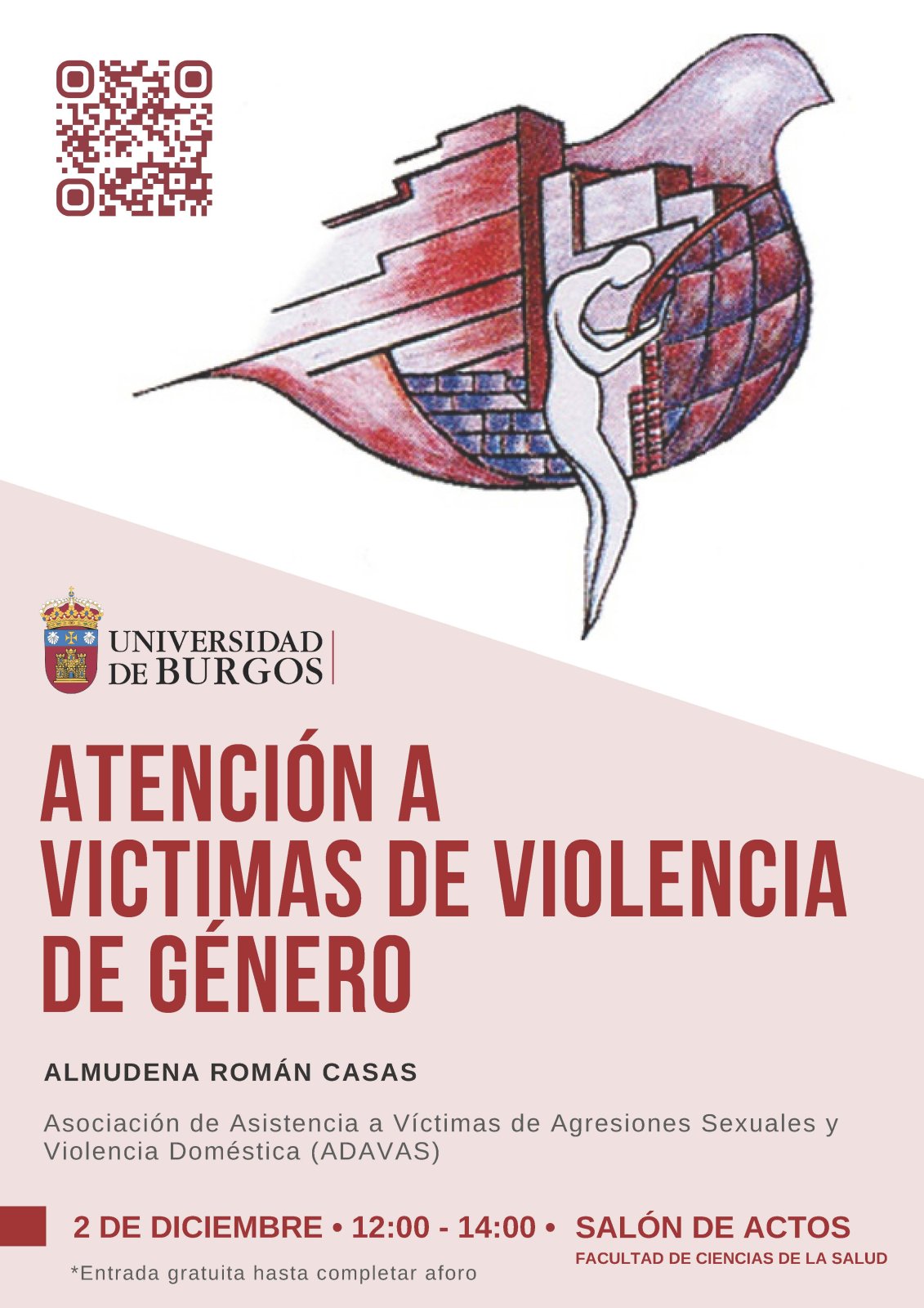 Cartel Conferencia Atención a Víctimas de Violencia de Género. 2 de diciembre 12:00 h. Salón de Actos Facultad de Ciencias de la Salud