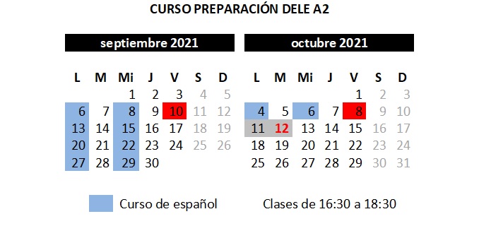 Calendario curso preparación DELE A2 septiembre 2021