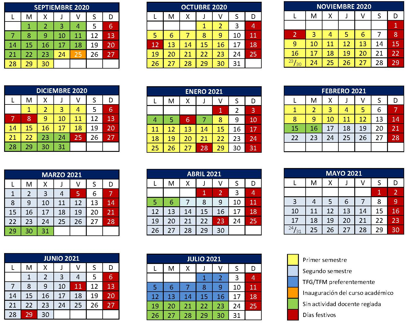 Calendario académico curso 2020-2021