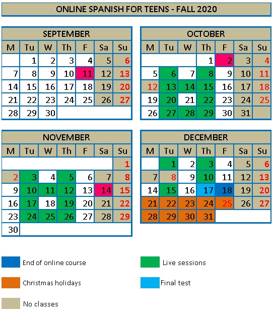calendar fall_spanish for teens