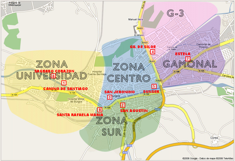 Mapa de residencias de estudiantes en Burgos por zonas