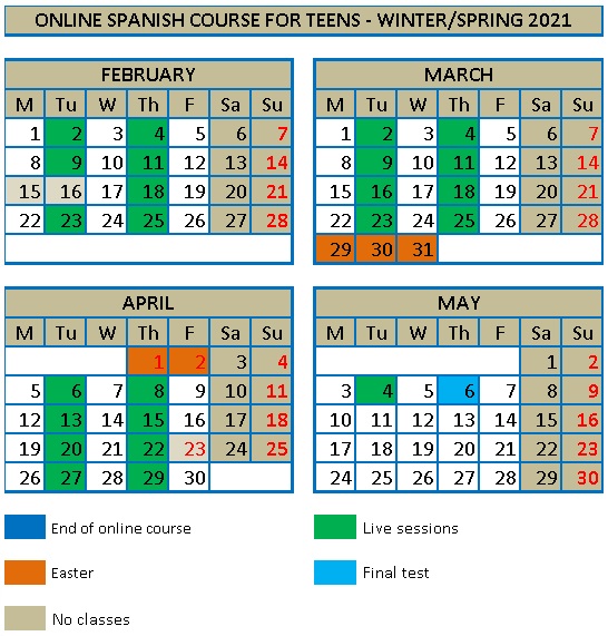 calendar winter spring_spanish for teens
